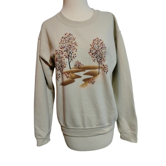 Graphic fall print beige color crew neck sweat shirt women size small - Picture 1 of 7